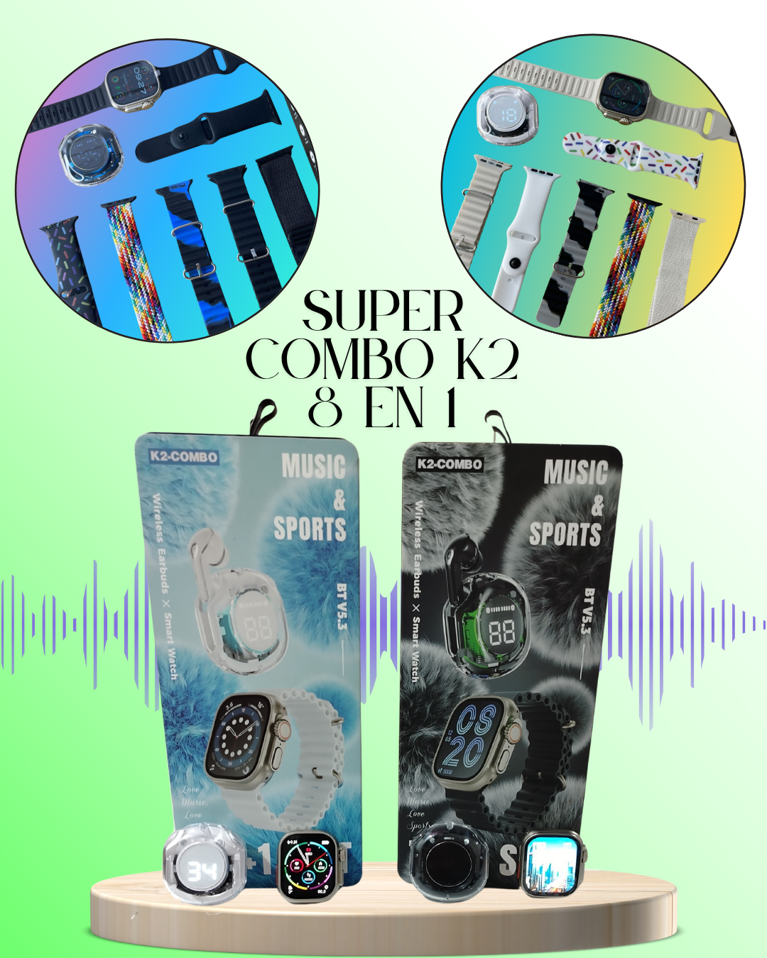 ⌚SUPER COMBO 9 en 1: SMARTWATCH + AUDIFONOS + 7 CORREAS💎